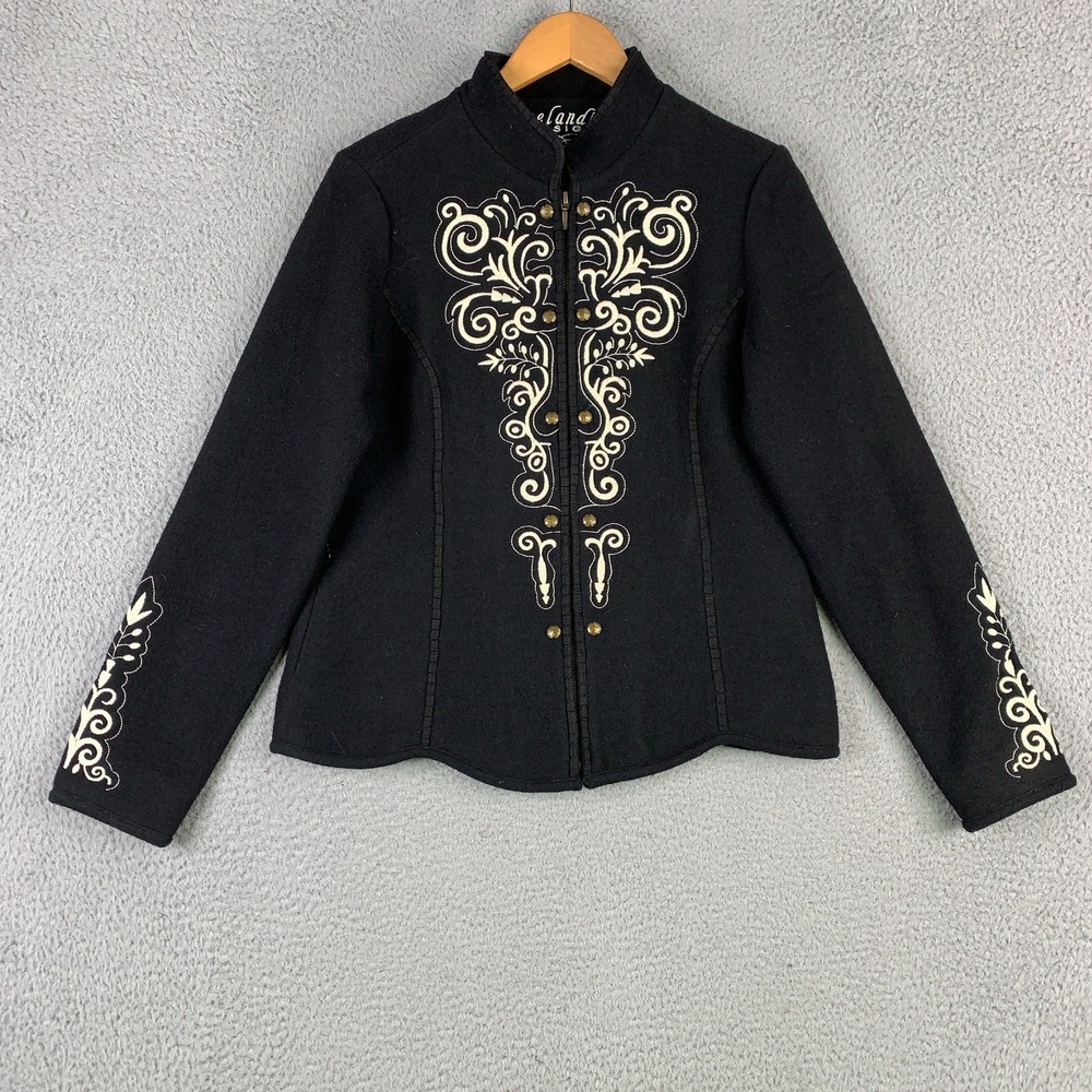 Icelandic Design Kiska Jacket Womens Small Black Embroidered Zip Up Boiled Wool